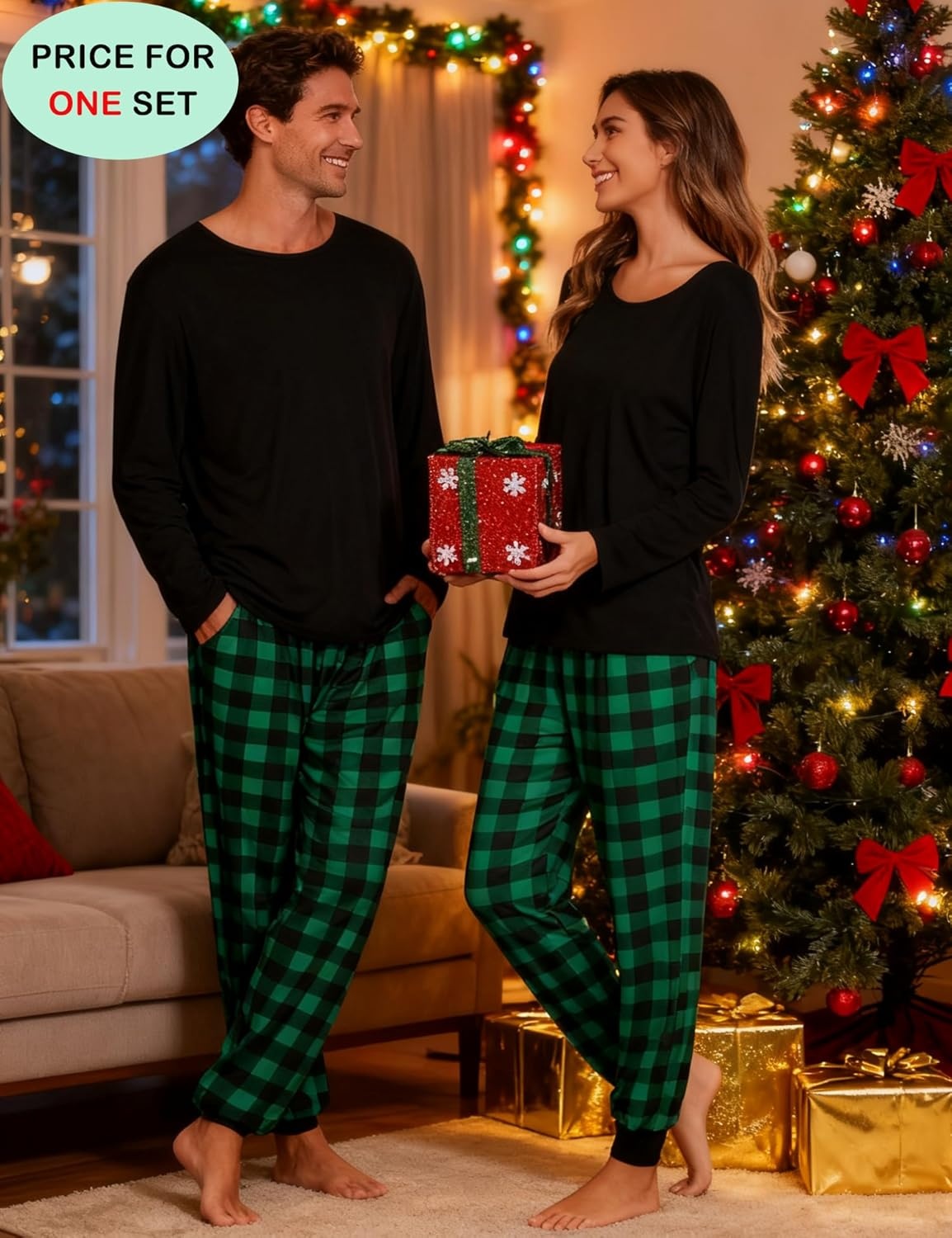 image:imageSWOMOG Christmas Pajamas Set for Couples Long Sleeve Sleepwear Women amp Men Matching Pjs Set Loungewear SetGreen Solid Top