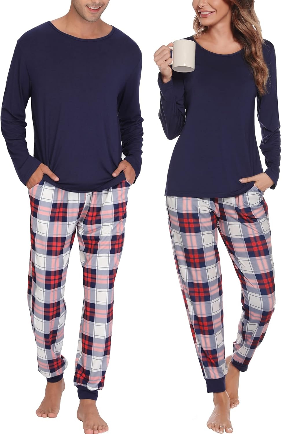image:imageSWOMOG Christmas Pajamas Set for Couples Long Sleeve Sleepwear Women amp Men Matching Pjs Set Loungewear SetNavy Blue Solid Top