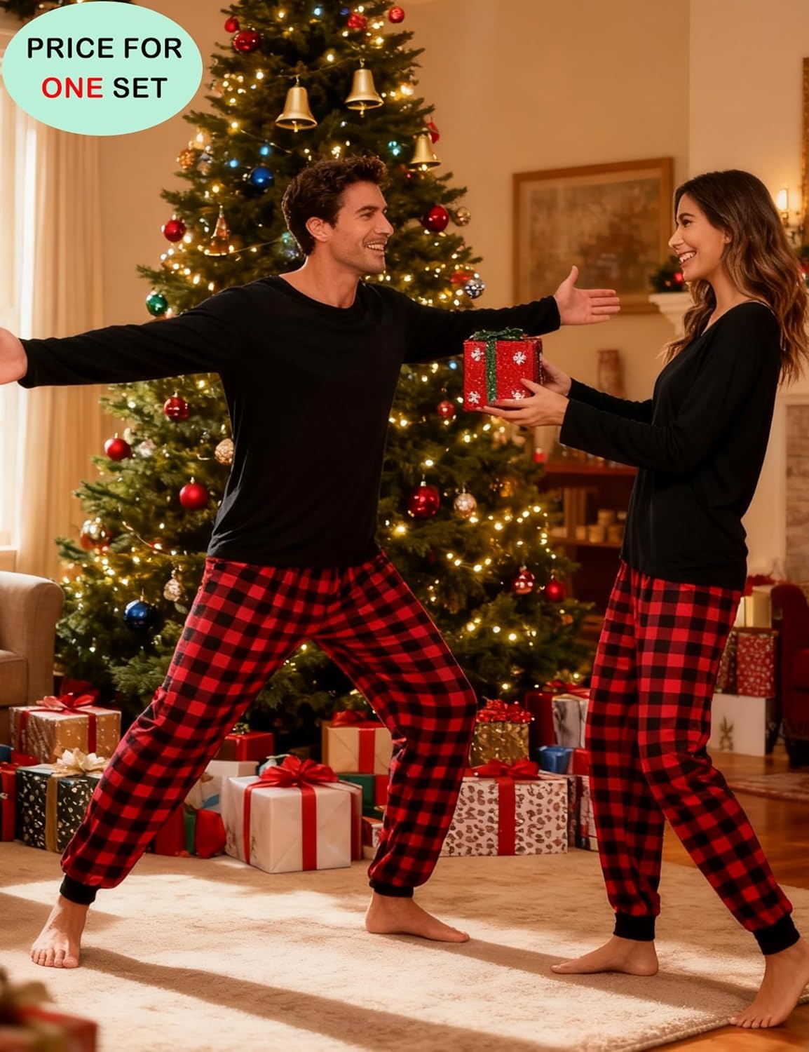 image:imageSWOMOG Christmas Pajamas Set for Couples Long Sleeve Sleepwear Women amp Men Matching Pjs Set Loungewear SetNavy Blue Solid Top