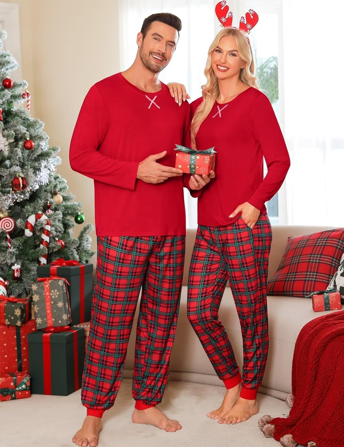 image:imageSWOMOG Christmas Pajamas Set for Couples Long Sleeve Sleepwear Women amp Men Matching Pjs Set Loungewear SetRed