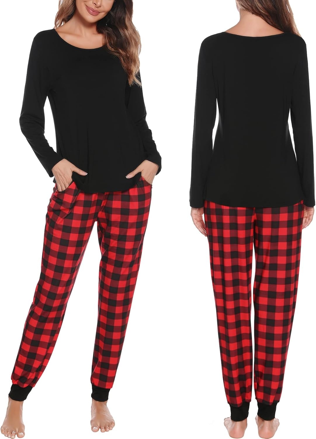 image:imageSWOMOG Christmas Pajamas Set for Couples Long Sleeve Sleepwear Women amp Men Matching Pjs Set Loungewear SetZ Black Solid Top