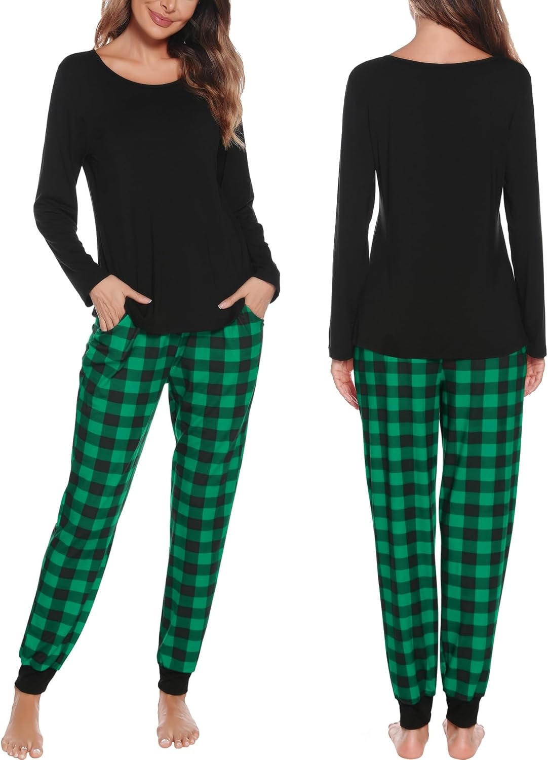 image:imageSWOMOG Christmas Pajamas Set for Couples Long Sleeve Sleepwear Women amp Men Matching Pjs Set Loungewear SetZ Green Solid Top