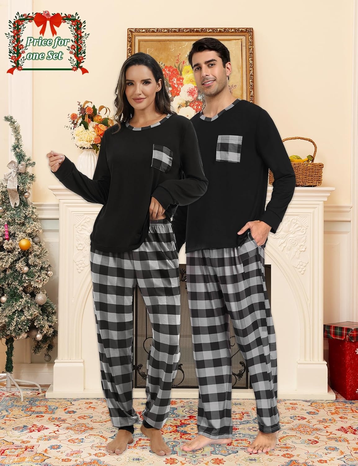 image:imageSWOMOG Couple Matching Pajamas Plaid Long Sleeve Christmas Pjs for Men Soft Warm Loungewear with Pocket Black Grey Grid Medium