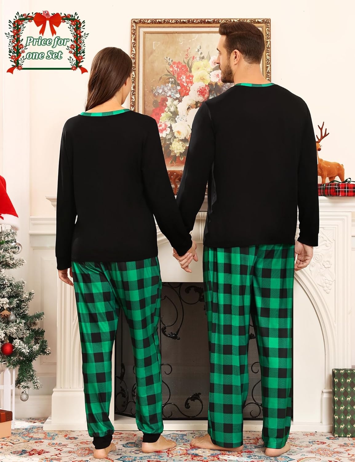 image:imageSWOMOG Couple Matching Pajamas Plaid Long Sleeve Christmas Pjs for Women Soft Warm Loungewear with Pocket Black Green Grid XLarge