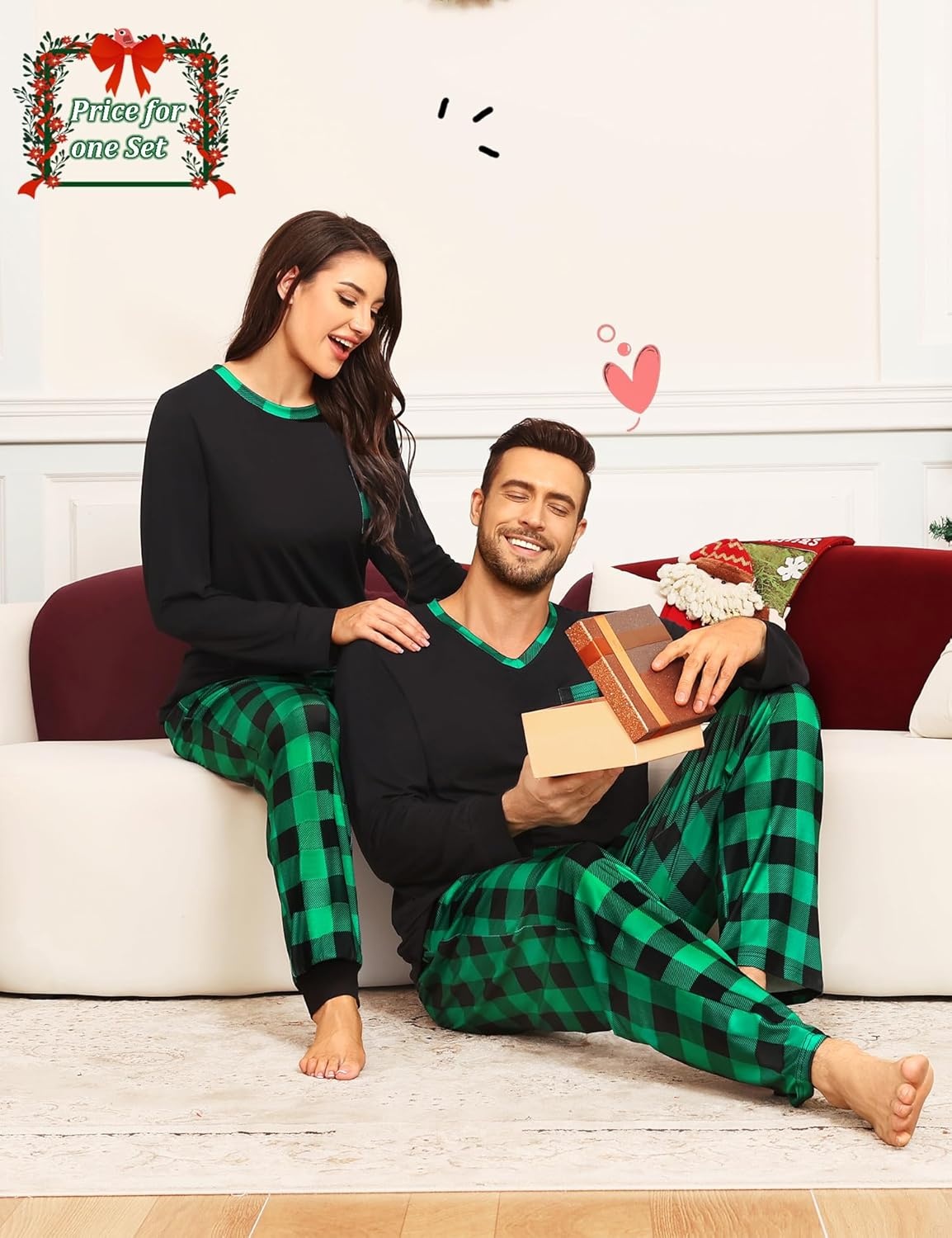 image:imageSWOMOG Couple Matching Pajamas Plaid Long Sleeve Christmas Pjs for Women Soft Warm Loungewear with Pocket Black Green Grid XLarge