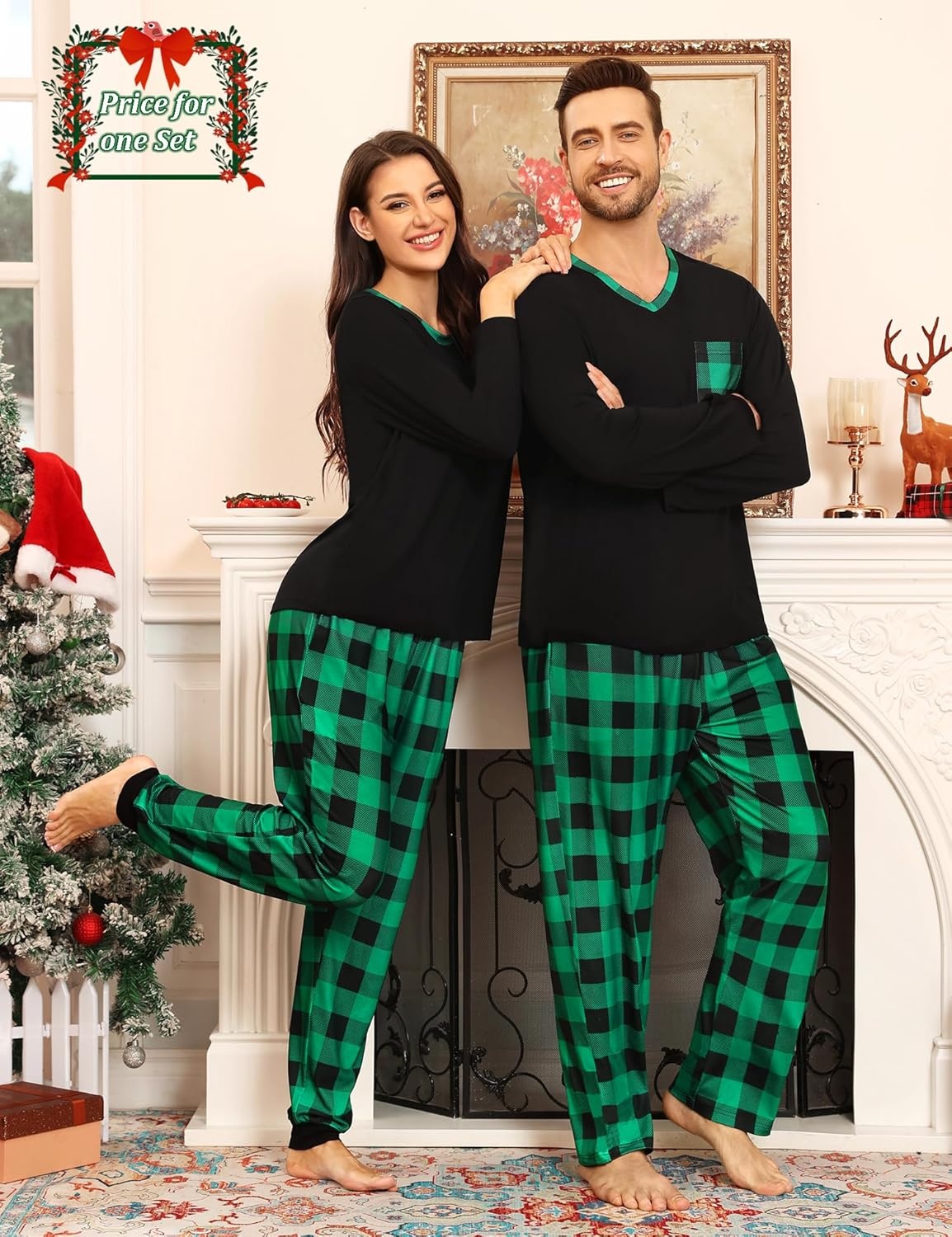image:imageSWOMOG Couple Matching Pajamas Plaid Long Sleeve Christmas Pjs for Women Soft Warm Loungewear with Pocket Black Green Grid XLarge