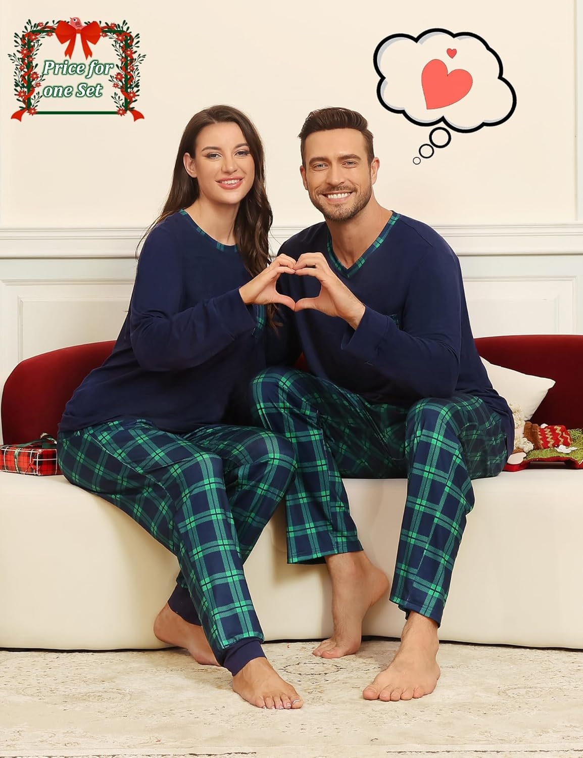 image:imageSWOMOG Couple Matching Pajamas Plaid Long Sleeve Christmas Pjs for Women Soft Warm Loungewear with Pocket Navy amp Green Small