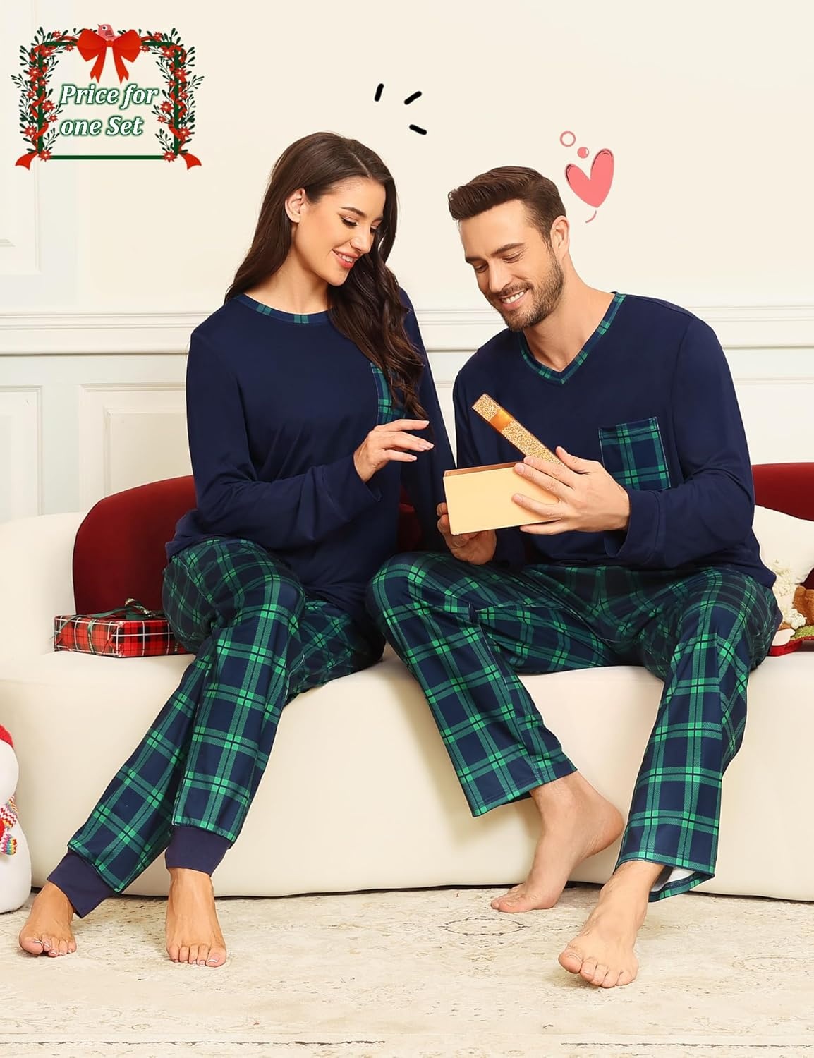 image:imageSWOMOG Couple Matching Pajamas Plaid Long Sleeve Christmas Pjs for Women Soft Warm Loungewear with Pocket Navy amp Green Small