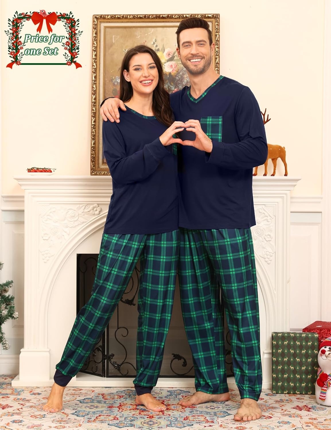 image:imageSWOMOG Couple Matching Pajamas Plaid Long Sleeve Christmas Pjs for Women Soft Warm Loungewear with Pocket Navy amp Green Small