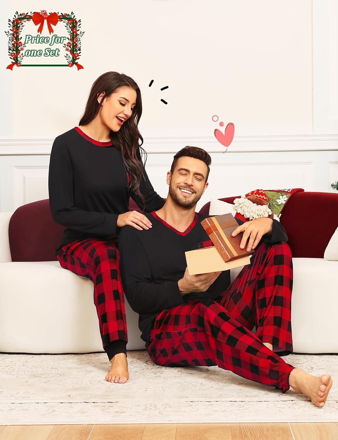 image:imageSWOMOG Couple Matching Pajamas Plaid Long Sleeve Christmas Pjs for Women Soft Warm Loungewear with Pocket Red Black Grid XXLarge