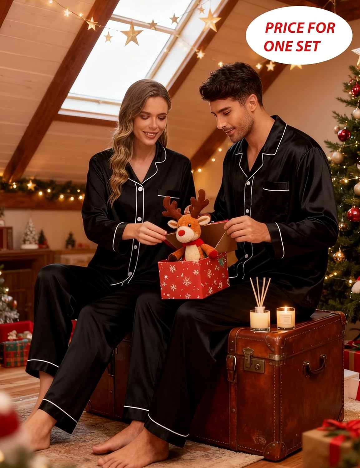image:imageSWOMOG Couples Silky Satin Pajama Set Long Sleeve Pj Set Button Dwon Loungewear 2 PCS Sleepwear SetBlack