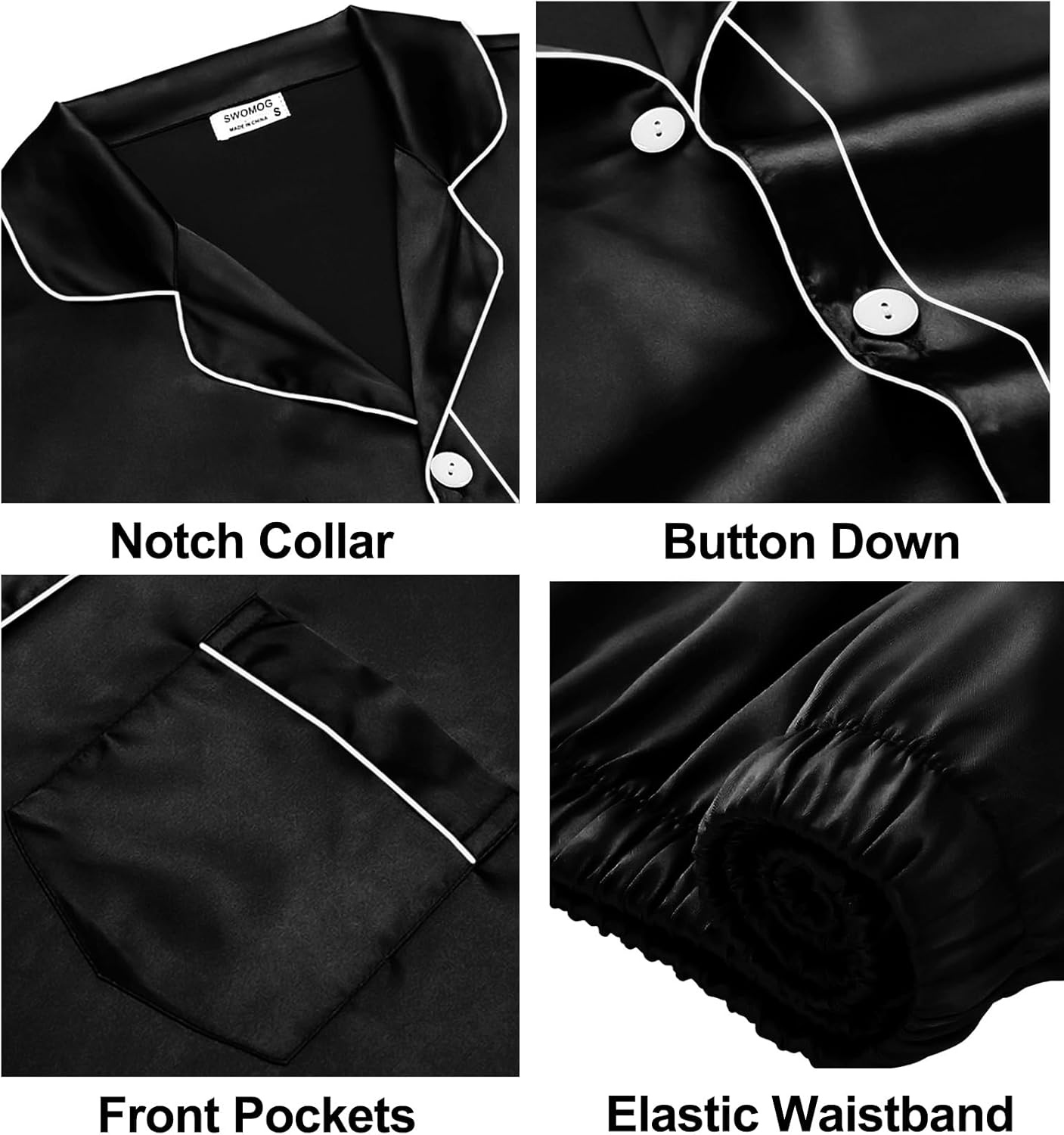 image:imageSWOMOG Couples Silky Satin Pajama Set Long Sleeve Pj Set Button Dwon Loungewear 2 PCS Sleepwear SetBlack
