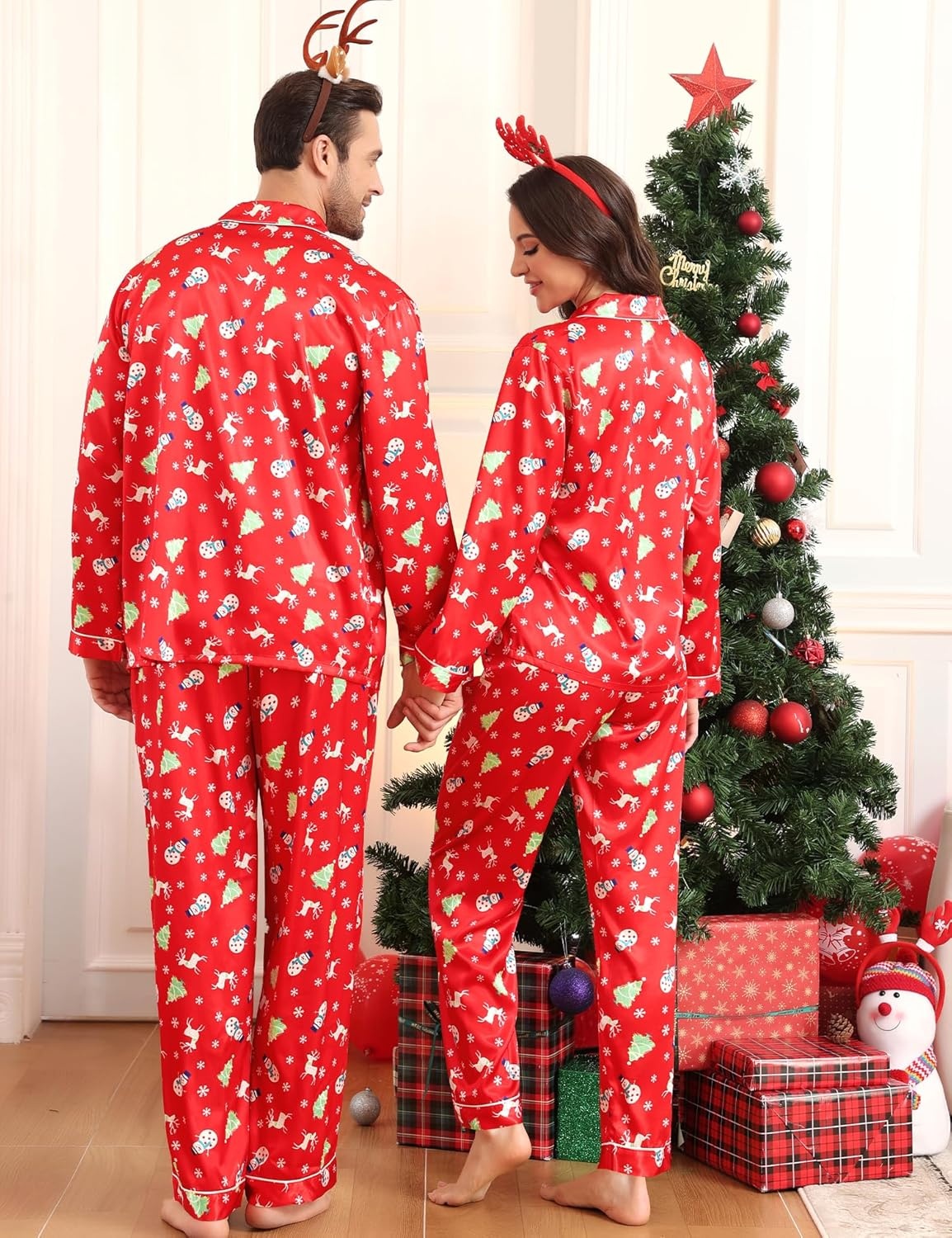 image:imageSWOMOG Couples Silky Satin Pajama Set Long Sleeve Pj Set Button Dwon Loungewear 2 PCS Sleepwear SetChristmas Red