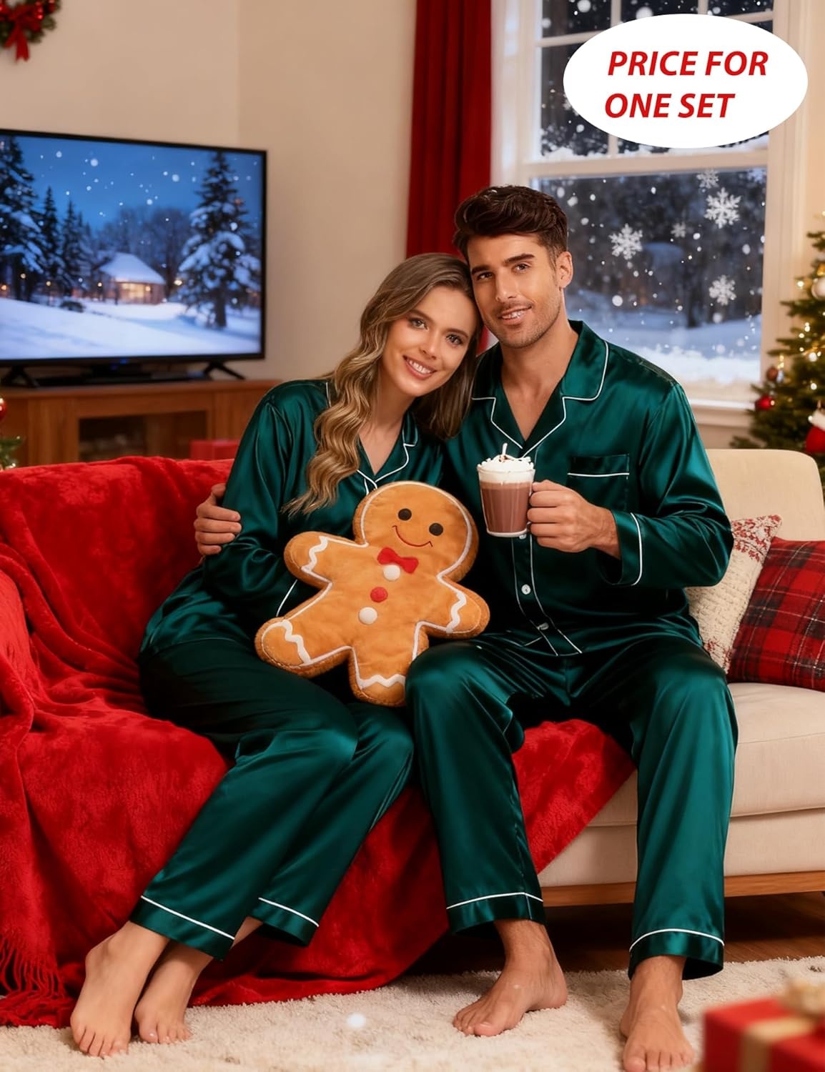 image:imageSWOMOG Couples Silky Satin Pajama Set Long Sleeve Pj Set Button Dwon Loungewear 2 PCS Sleepwear SetDeep Green