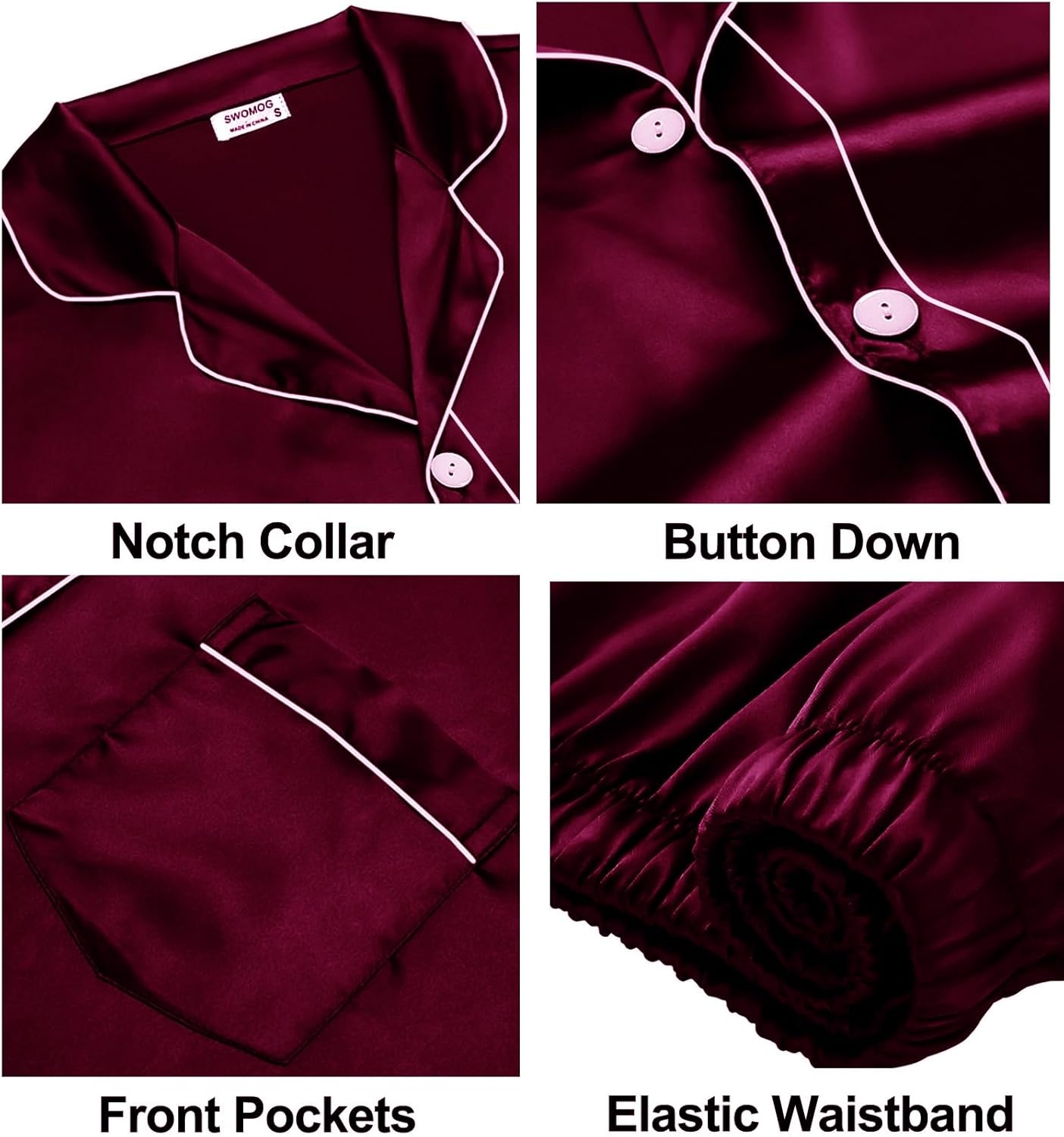 image:imageSWOMOG Couples Silky Satin Pajama Set Long Sleeve Pj Set Button Dwon Loungewear 2 PCS Sleepwear SetDeep Wine Red
