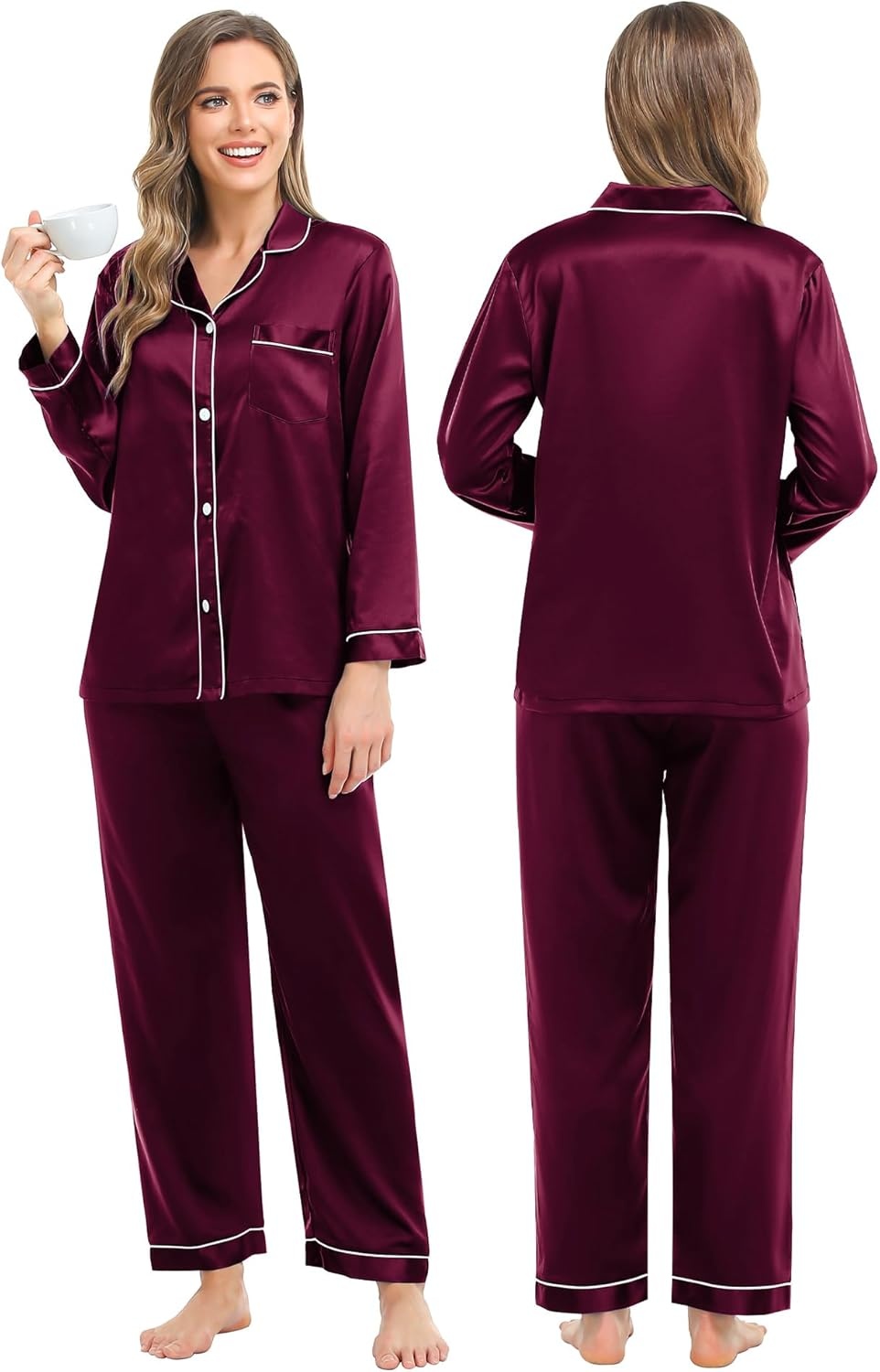 image:imageSWOMOG Couples Silky Satin Pajama Set Long Sleeve Pj Set Button Dwon Loungewear 2 PCS Sleepwear SetDeep Wine Red