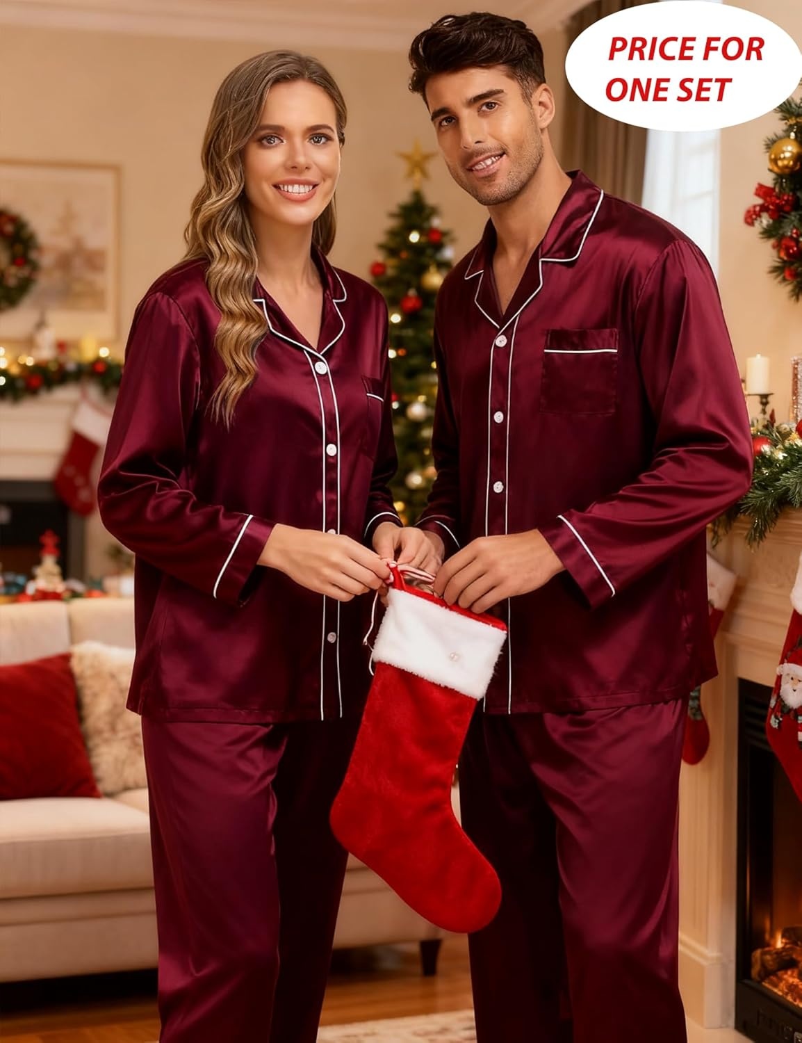 image:imageSWOMOG Couples Silky Satin Pajama Set Long Sleeve Pj Set Button Dwon Loungewear 2 PCS Sleepwear SetDeep Wine Red