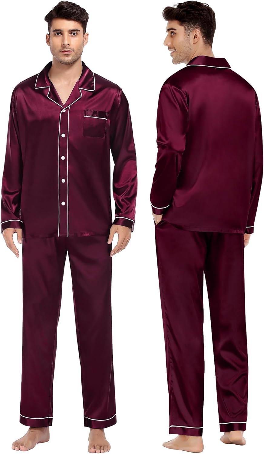 image:imageSWOMOG Couples Silky Satin Pajama Set Long Sleeve Pj Set Button Dwon Loungewear 2 PCS Sleepwear SetDeep Wine Red