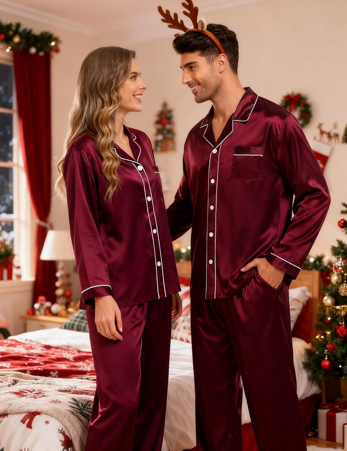 image:imageSWOMOG Couples Silky Satin Pajama Set Long Sleeve Pj Set Button Dwon Loungewear 2 PCS Sleepwear SetDeep Wine Red