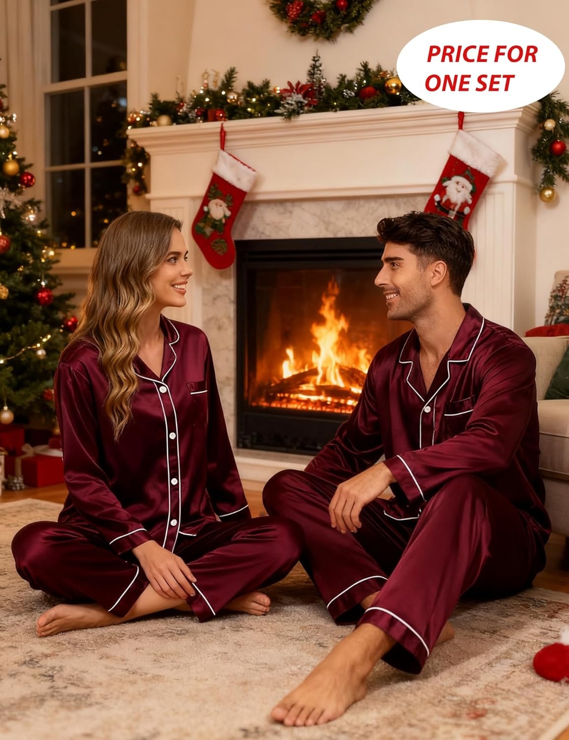 image:imageSWOMOG Couples Silky Satin Pajama Set Long Sleeve Pj Set Button Dwon Loungewear 2 PCS Sleepwear SetDeep Wine Red