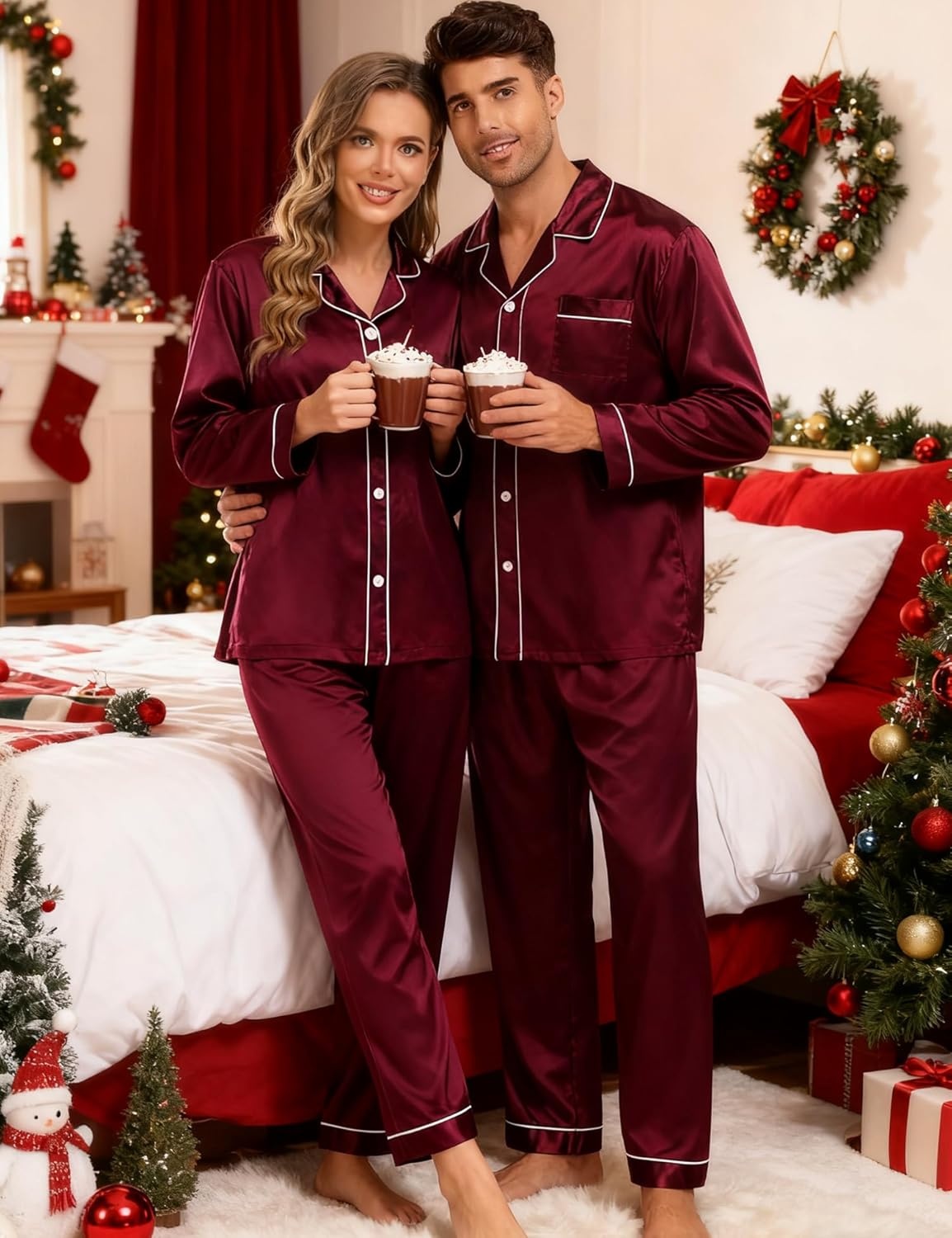 image:imageSWOMOG Couples Silky Satin Pajama Set Long Sleeve Pj Set Button Dwon Loungewear 2 PCS Sleepwear SetDeep Wine Red