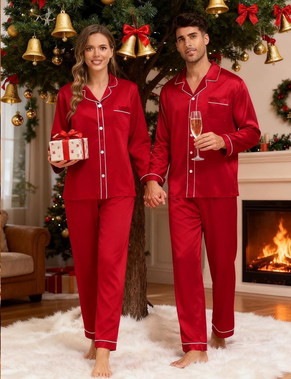 image:imageSWOMOG Couples Silky Satin Pajama Set Long Sleeve Pj Set Button Dwon Loungewear 2 PCS Sleepwear SetRed