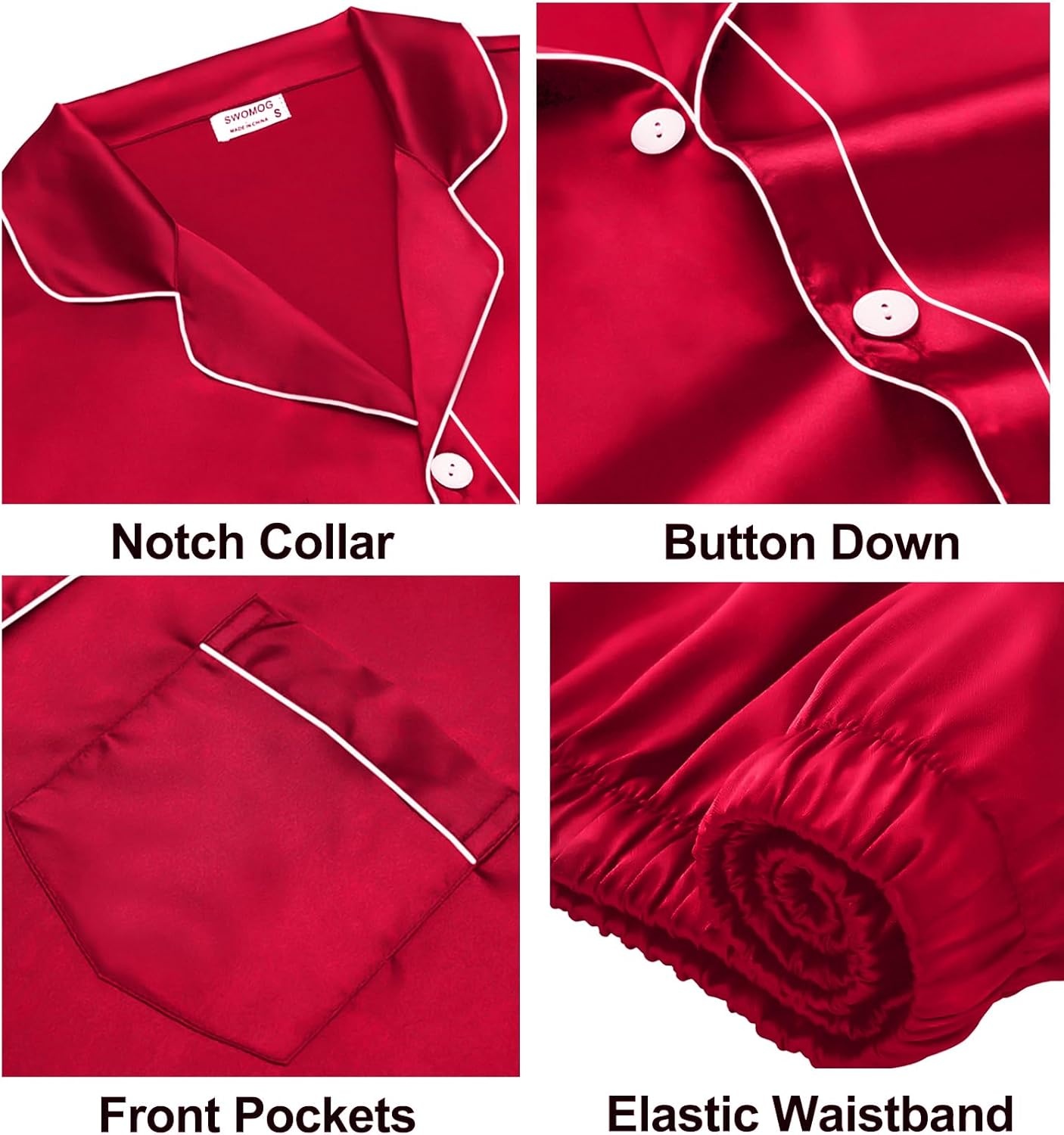 image:imageSWOMOG Couples Silky Satin Pajama Set Long Sleeve Pj Set Button Dwon Loungewear 2 PCS Sleepwear SetRed