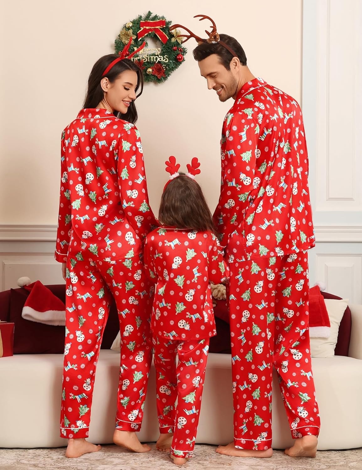 image:imageSWOMOG Family Matching Pajamas Set Silk Satin Button Down Sleepwear Long Sleeve Nightwear 2 Pcs Pj Set Men Christmas Print XXLarge