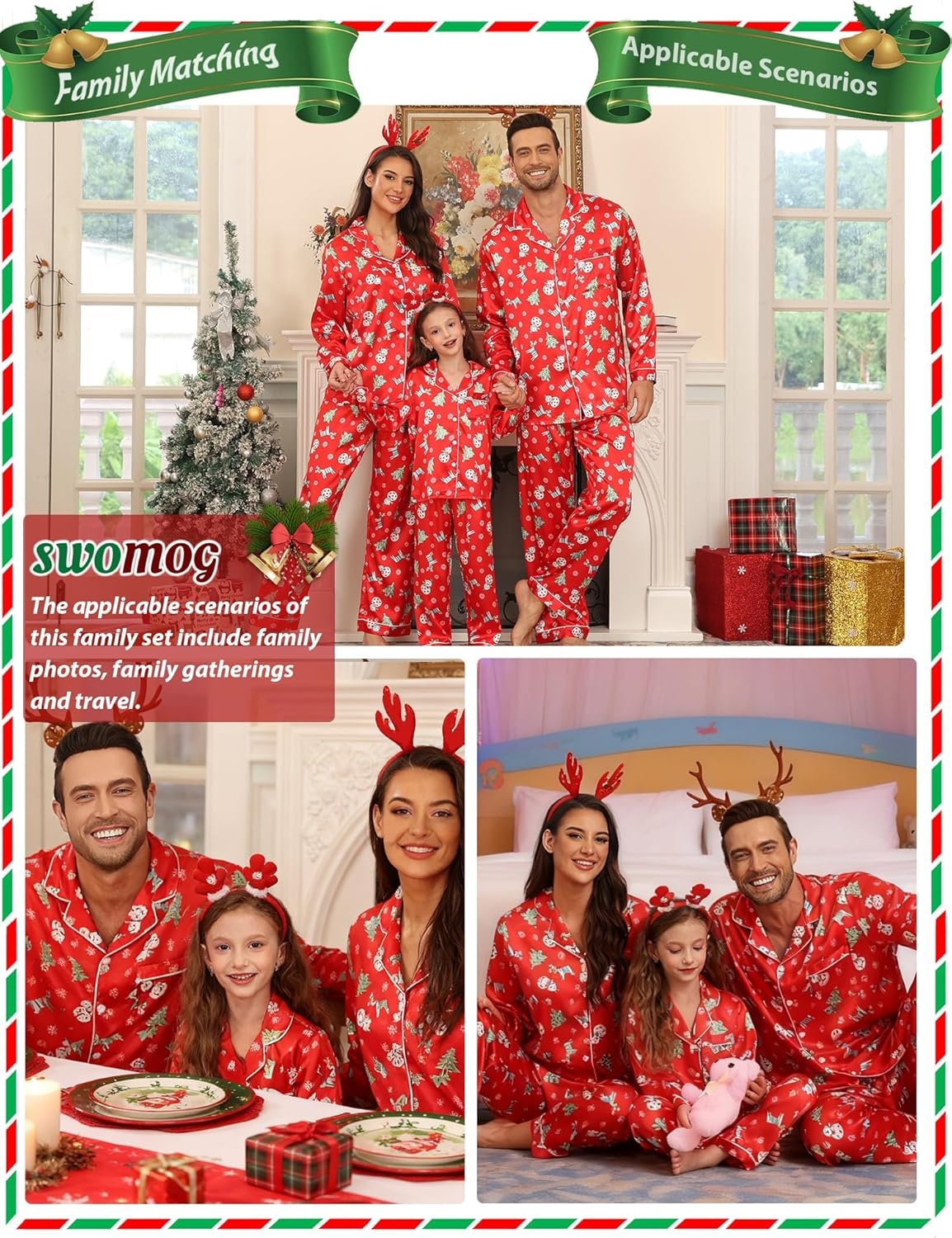 image:imageSWOMOG Family Matching Pajamas Set Silk Satin Button Down Sleepwear Long Sleeve Nightwear 2 Pcs Pj Set Men Christmas Print XXLarge
