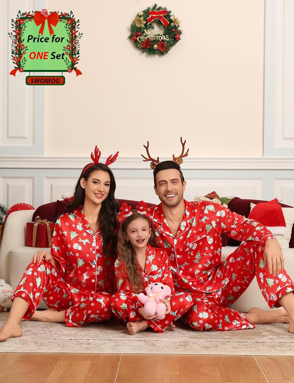 image:imageSWOMOG Family Matching Pajamas Set Silk Satin Button Down Sleepwear Long Sleeve Nightwear 2 Pcs Pj Set Men Christmas Print XXLarge