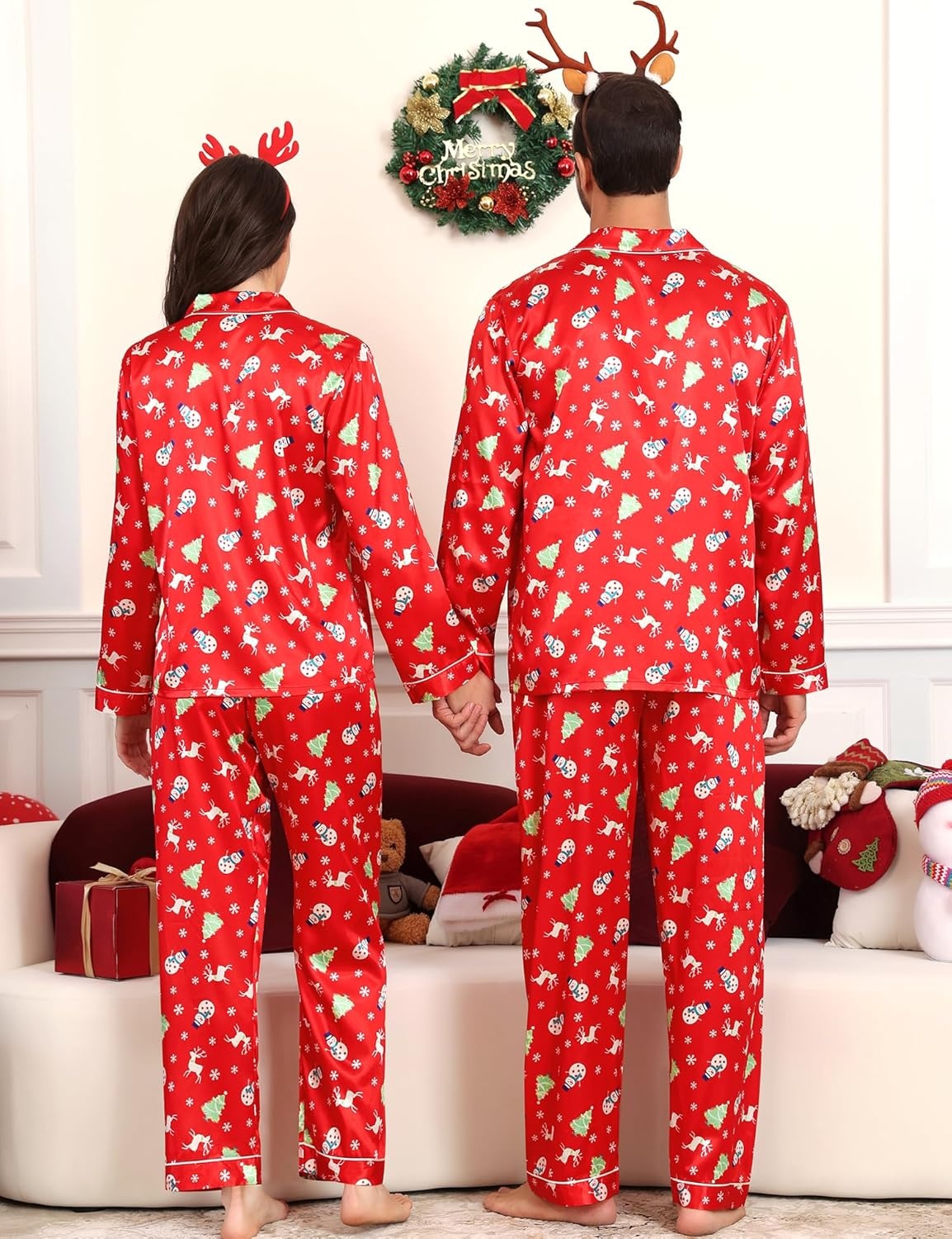 image:imageSWOMOG Family Matching Pajamas Set Silk Satin Button Down Sleepwear Long Sleeve Nightwear 2 Pcs Pj Set Men Z Double Piping Christmas Red Large