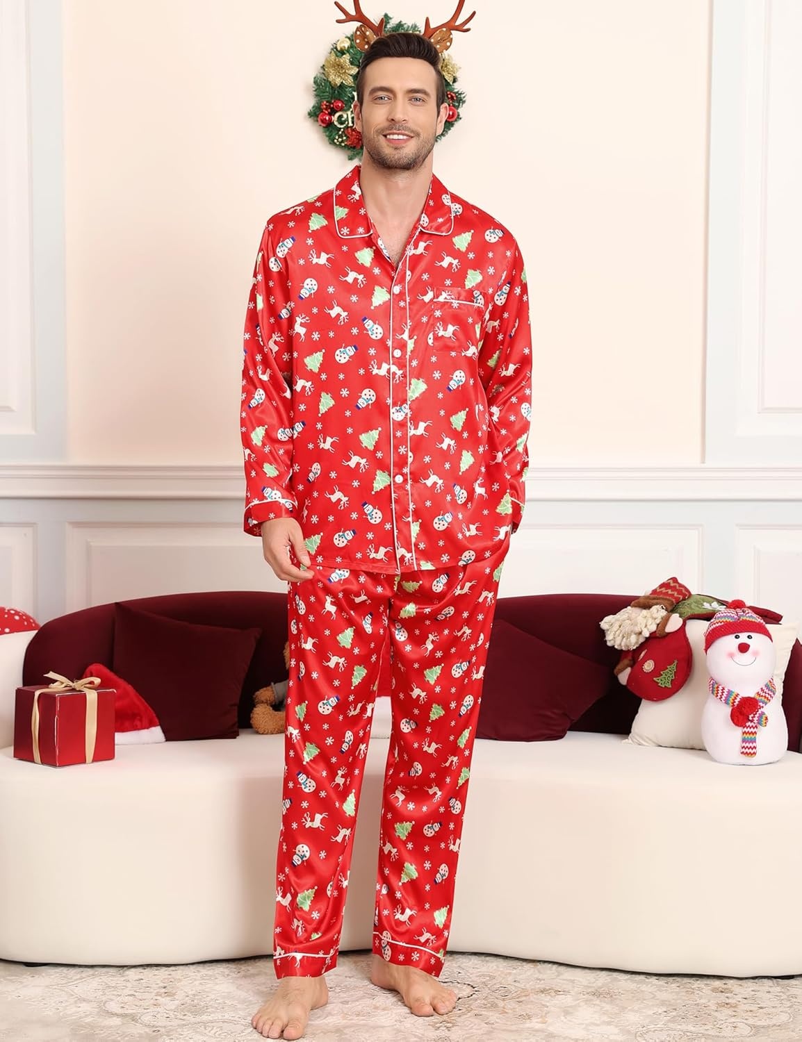 image:imageSWOMOG Family Matching Pajamas Set Silk Satin Button Down Sleepwear Long Sleeve Nightwear 2 Pcs Pj Set Men Z Double Piping Christmas Red Large