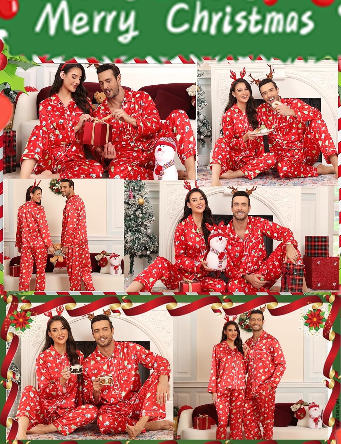image:imageSWOMOG Family Matching Pajamas Set Silk Satin Button Down Sleepwear Long Sleeve Nightwear 2 Pcs Pj Set Men Z Double Piping Christmas Red Large