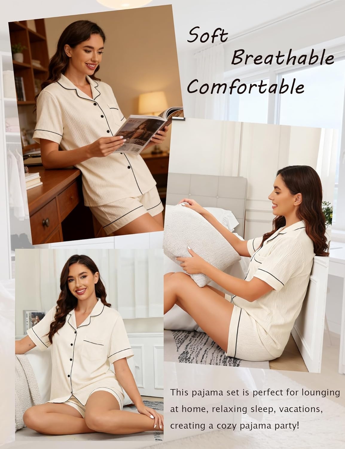 image:imageSWOMOG Womens Button Down Pajamas Set Short Sleeve Sleepwear Bride Soft Pj Lounge Sets XS3XLLight Apricot1