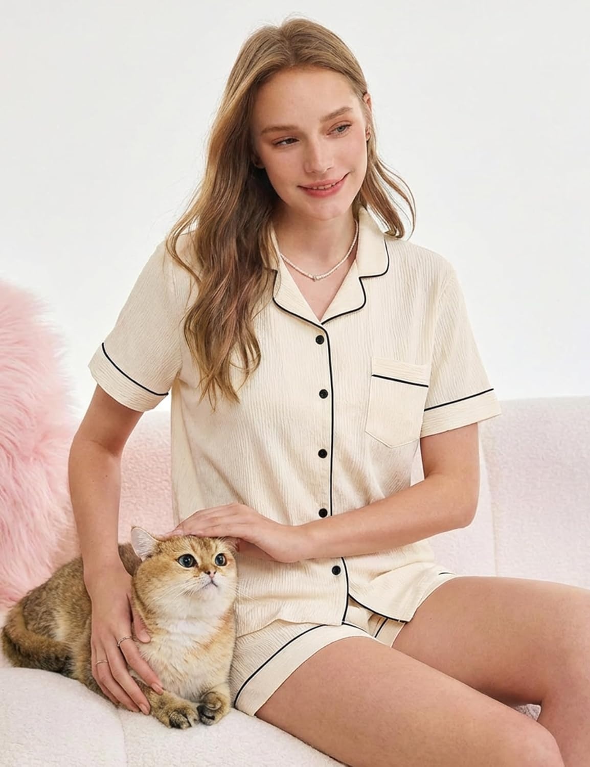 image:imageSWOMOG Womens Button Down Pajamas Set Short Sleeve Sleepwear Bride Soft Pj Lounge Sets XS3XLLight Apricot1