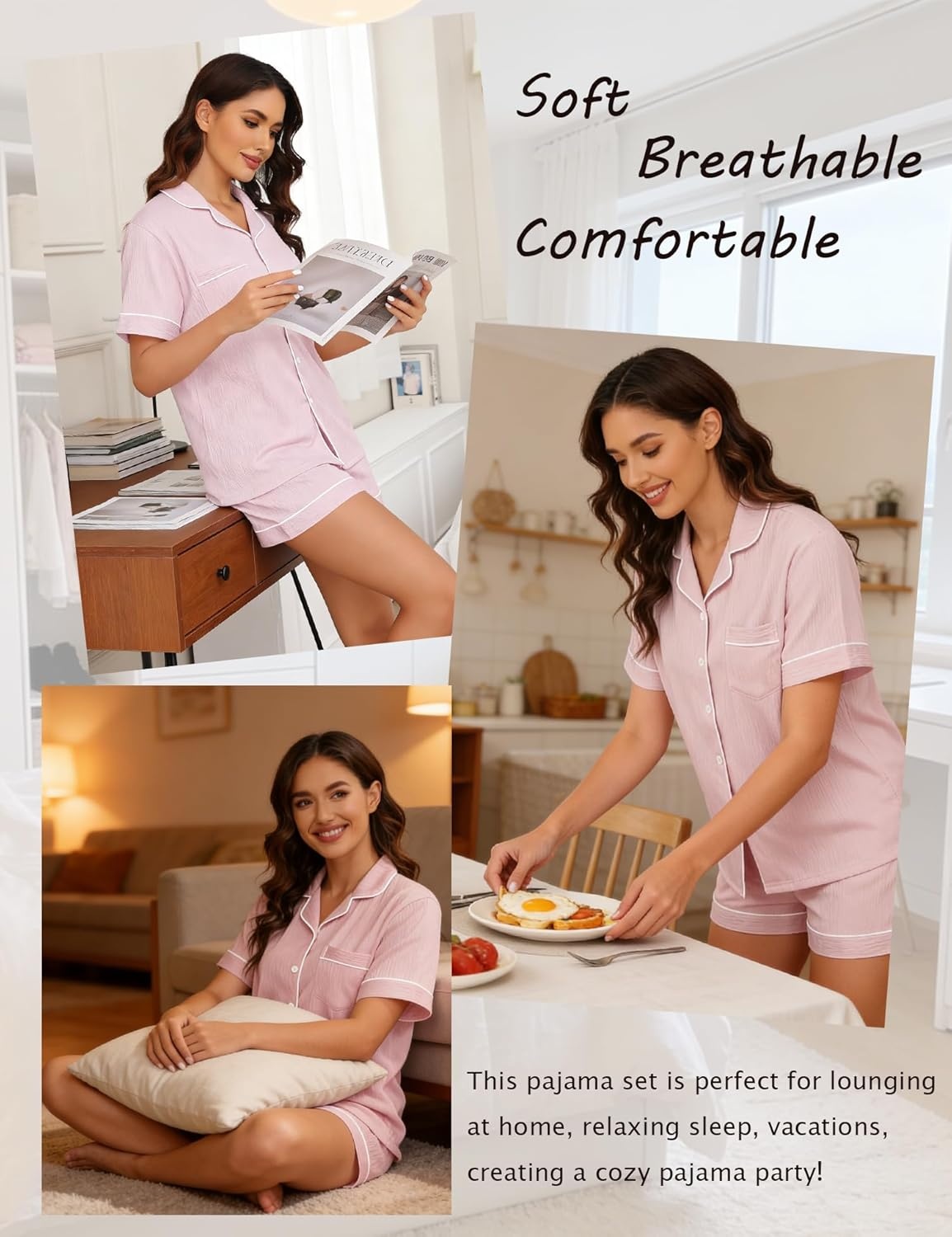 image:imageSWOMOG Womens Button Down Pajamas Set Short Sleeve Sleepwear Bride Soft Pj Lounge Sets XS3XLLight Pink1
