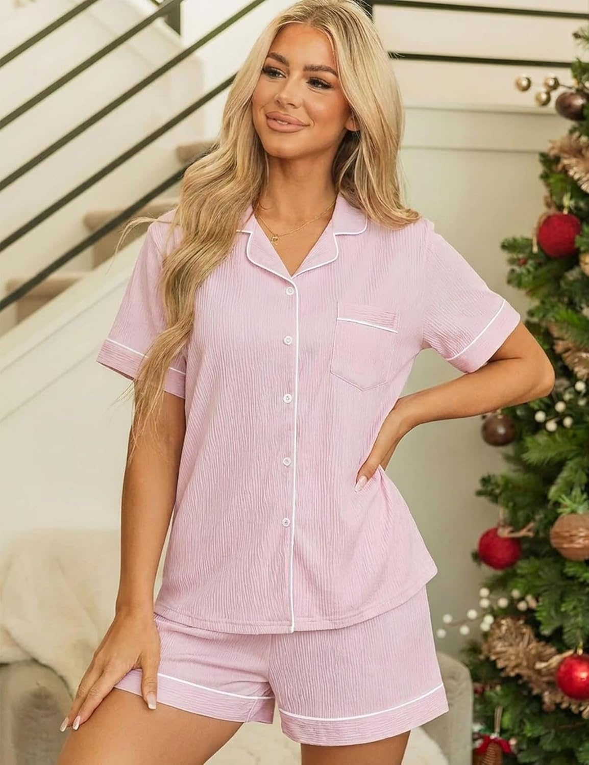 image:imageSWOMOG Womens Button Down Pajamas Set Short Sleeve Sleepwear Bride Soft Pj Lounge Sets XS3XLLight Pink1