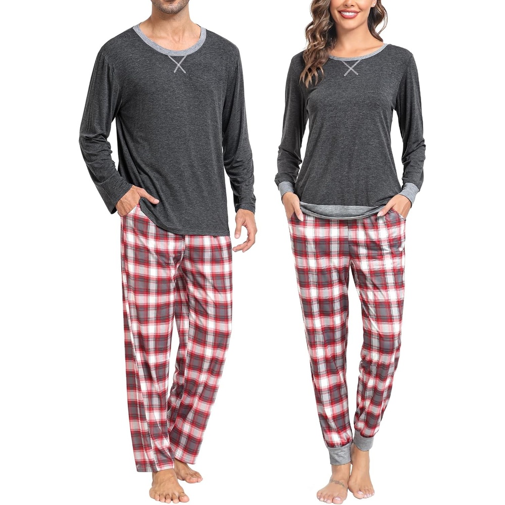 image:imageSWOMOG Christmas Pajamas Set for Couples Long Sleeve Sleepwear Women amp Men Matching Pjs Set Loungewear SetDeep Grey  Grey Plaid