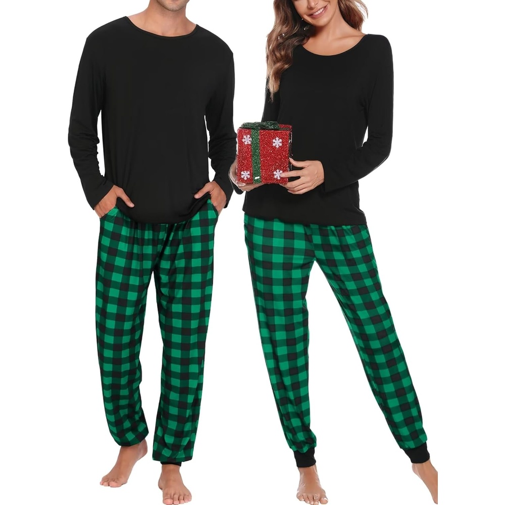 image:imageSWOMOG Christmas Pajamas Set for Couples Long Sleeve Sleepwear Women amp Men Matching Pjs Set Loungewear SetGreen Solid Top