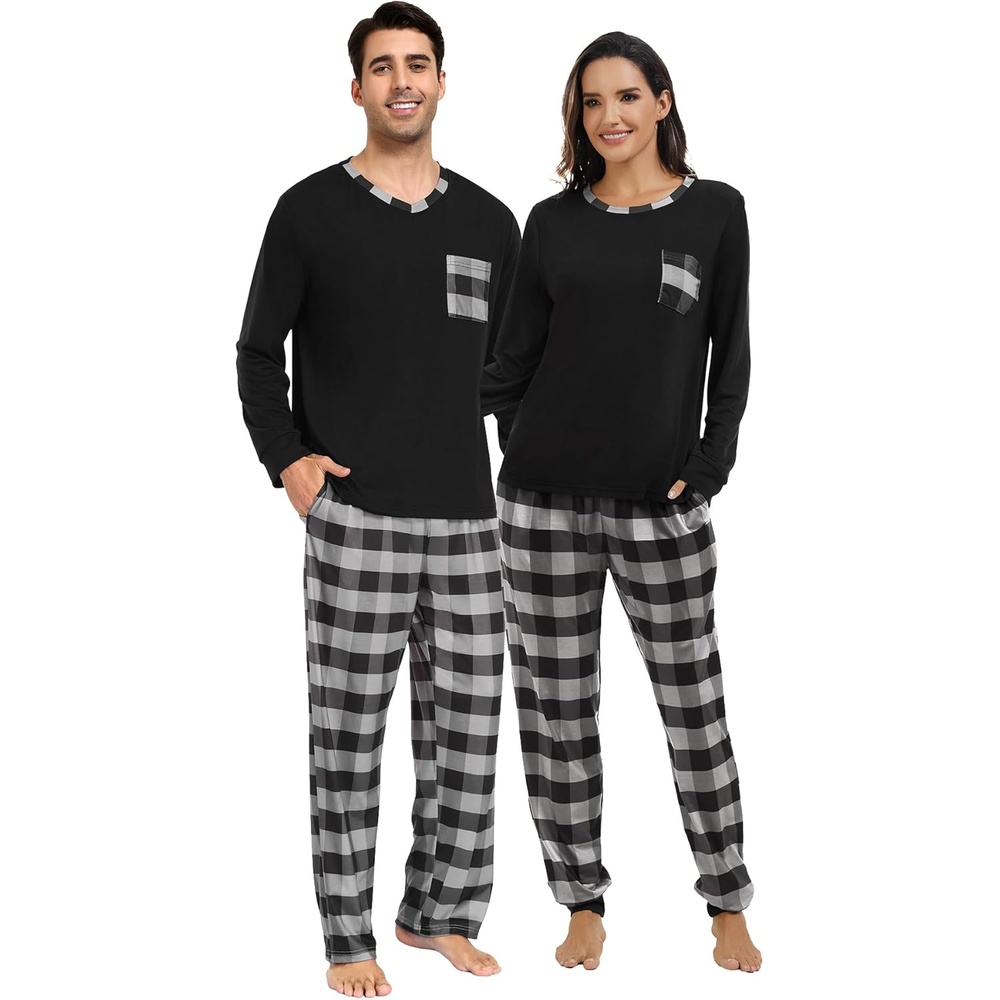 image:imageSWOMOG Couple Matching Pajamas Plaid Long Sleeve Christmas Pjs for Men Soft Warm Loungewear with Pocket Black Grey Grid XXLarge