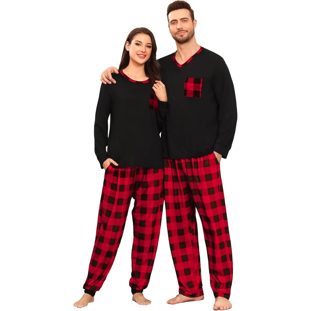 image:imageSWOMOG Couple Matching Pajamas Plaid Long Sleeve Christmas Pjs for Women Soft Warm Loungewear with Pocket Red Black Grid XXLarge