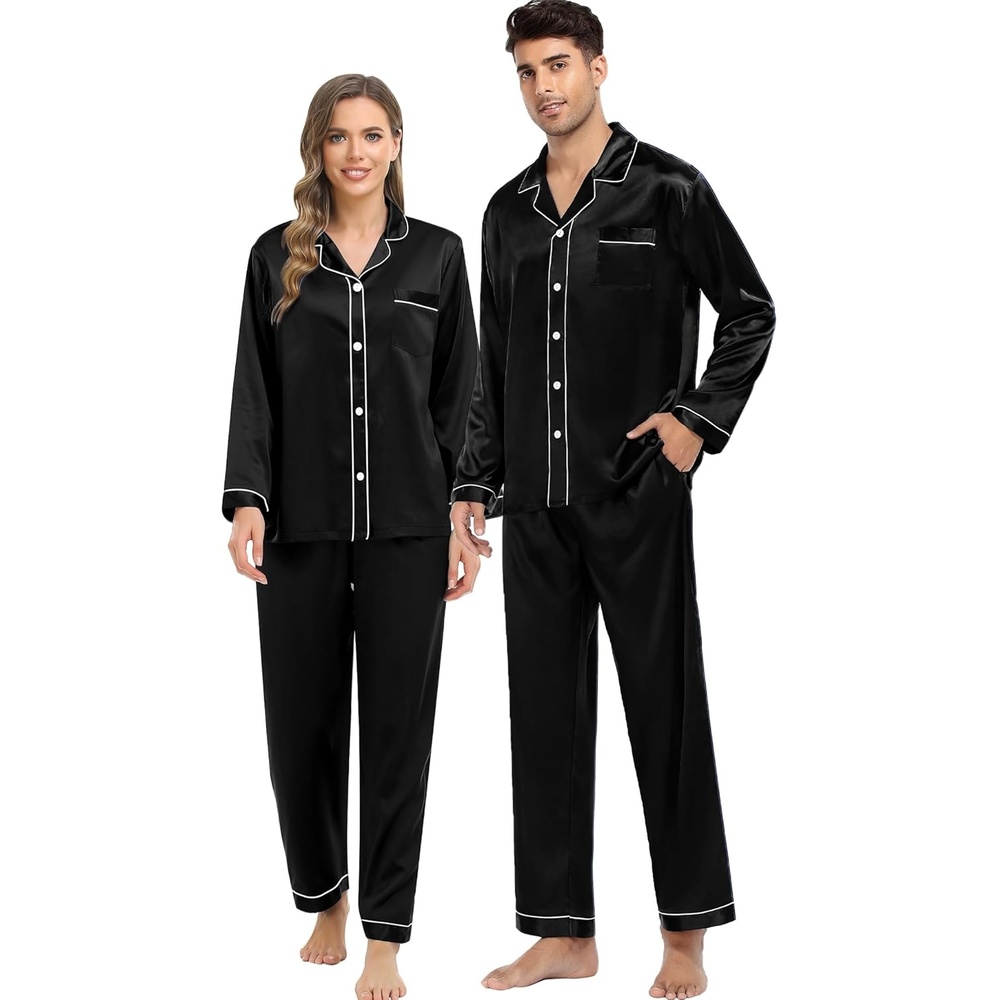 image:imageSWOMOG Couples Silky Satin Pajama Set Long Sleeve Pj Set Button Dwon Loungewear 2 PCS Sleepwear SetBlack