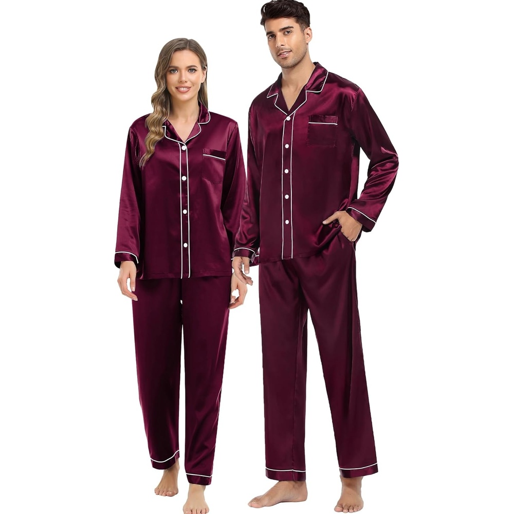 image:imageSWOMOG Couples Silky Satin Pajama Set Long Sleeve Pj Set Button Dwon Loungewear 2 PCS Sleepwear SetDeep Wine Red