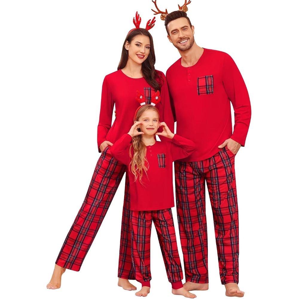 image:imageSWOMOG Family Christmas Matching Pajamas Set WomenMen Modal Pajama 2 PCS Long Sleeve Sleepwear Sets with Pockets Women Red Plaid Large