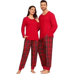 SWOMOG Christmas Pajamas Set for Couples Long Sleeve Sleepwear Women & Men Matching Pjs Set Loungewear Set(Christmas Red Grid – Solid Top)