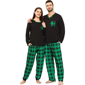 SWOMOG Couple Matching Pajamas Plaid Long Sleeve Christmas Pjs for Women Soft Warm Loungewear with Pocket, Black Green Grid Large