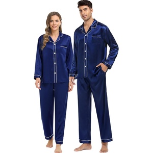 SWOMOG Couples Silky Satin Pajama Set Long Sleeve Pj Set Button Dwon Loungewear 2 PCS Sleepwear Set(Navy Blue)