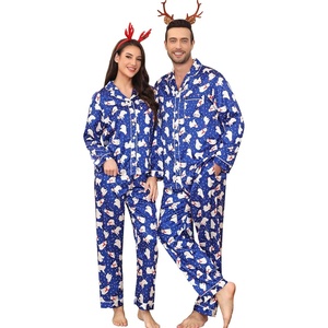 SWOMOG Couples Silky Satin Pajama Set Long Sleeve Pj Set Button Dwon Loungewear 2 PCS Sleepwear Set(Polar Blue Bear)