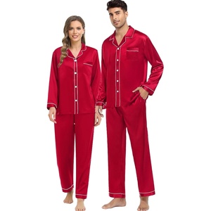 SWOMOG Couples Silky Satin Pajama Set Long Sleeve Pj Set Button Dwon Loungewear 2 PCS Sleepwear Set(Red)