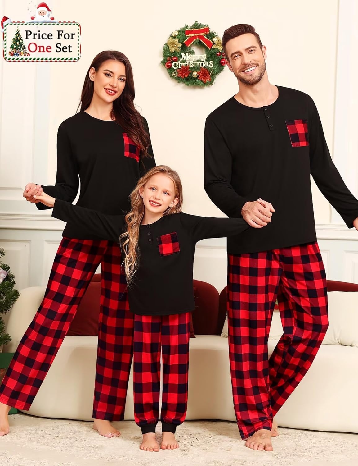 image:imageSWOMOG Family Christmas Matching Pajamas Set WomenMen Modal Pajama 2 PCS Long Sleeve Sleepwear Sets with Pockets Men Red Black Plaid Medium